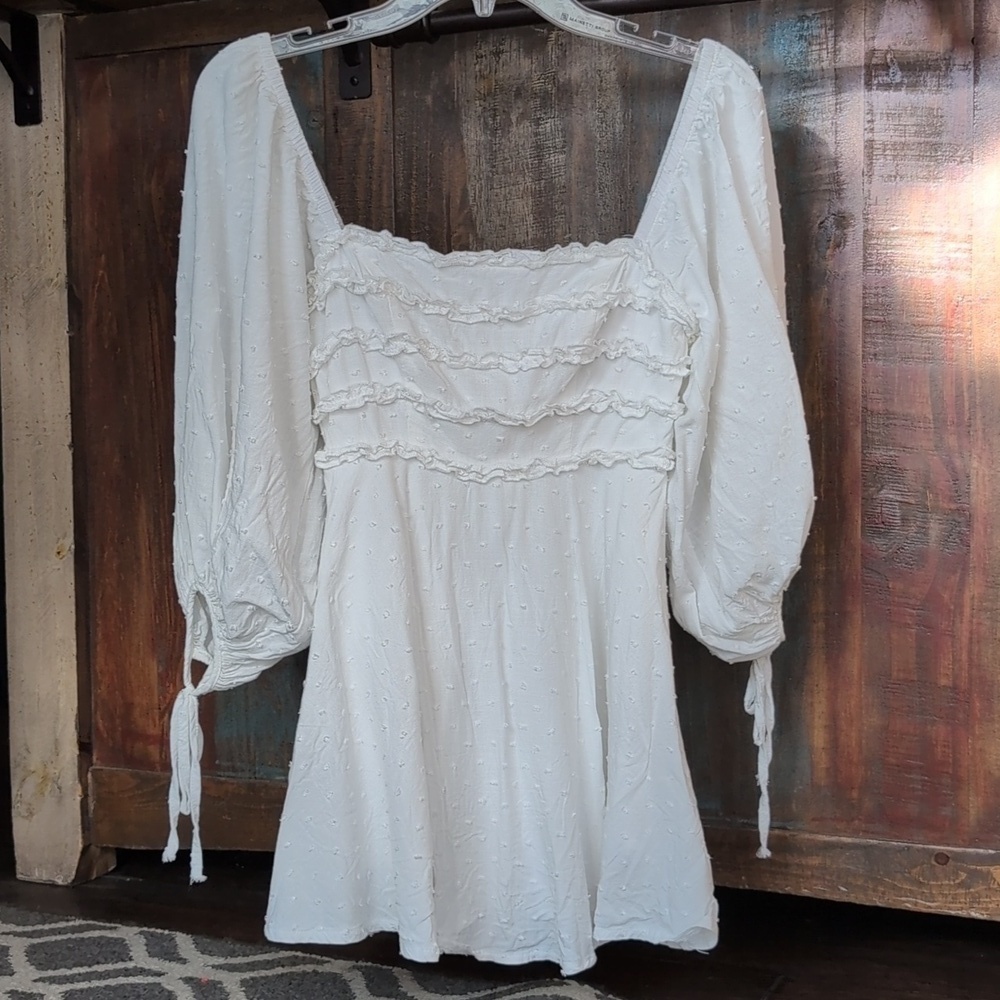 Hello Molly White Ruffle Polka Dot Mini Dress Balloon Sleeves - Women's 2